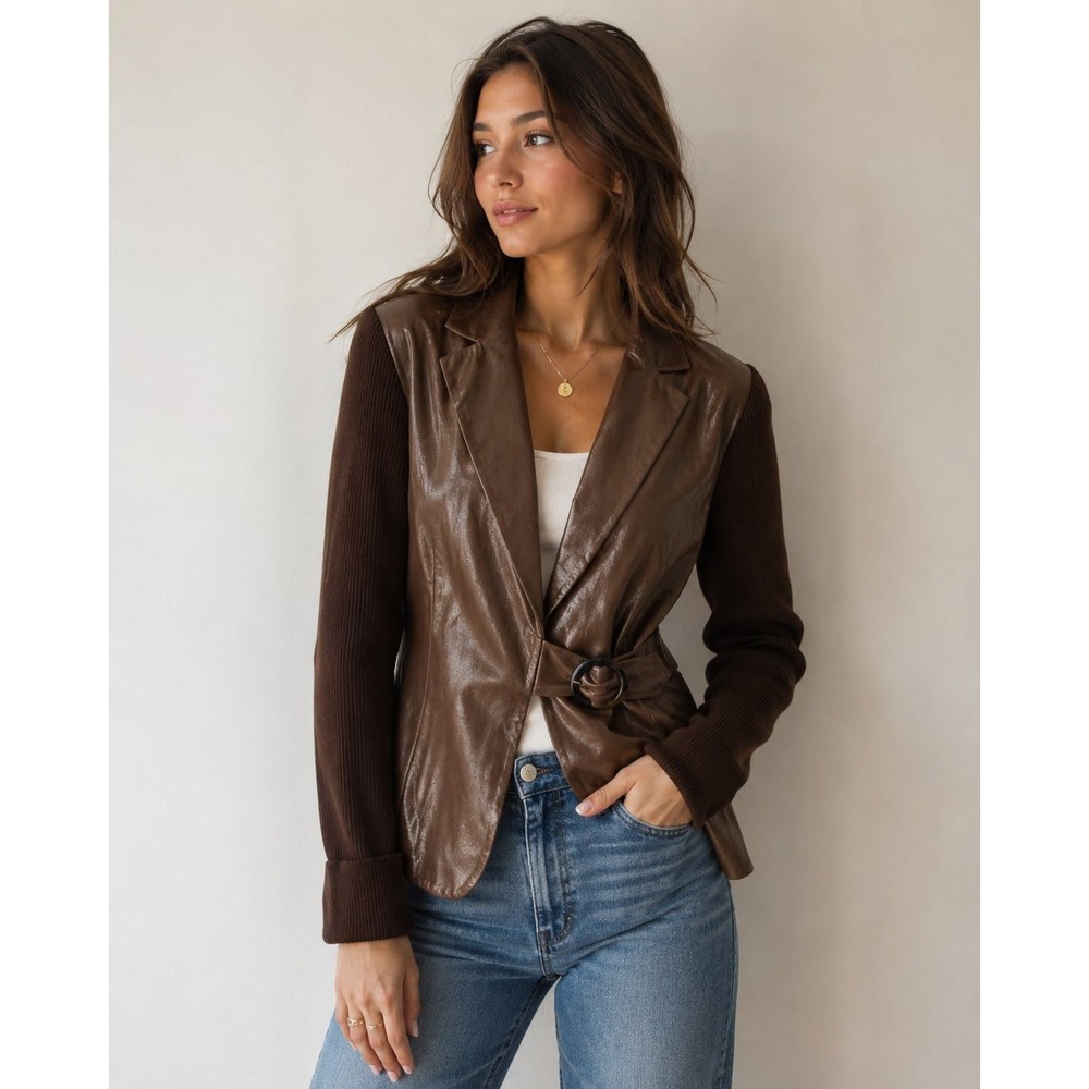 Cache Blazer Women S Brown Faux Leather Ribbed Knit Buckle Mixed Media Jacket